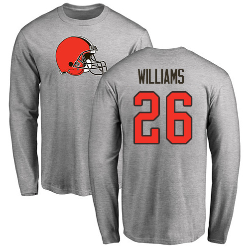 Men Cleveland Browns Greedy Williams Ash Jersey #26 NFL Football Name and Number Logo Long Sleeve T Shirt